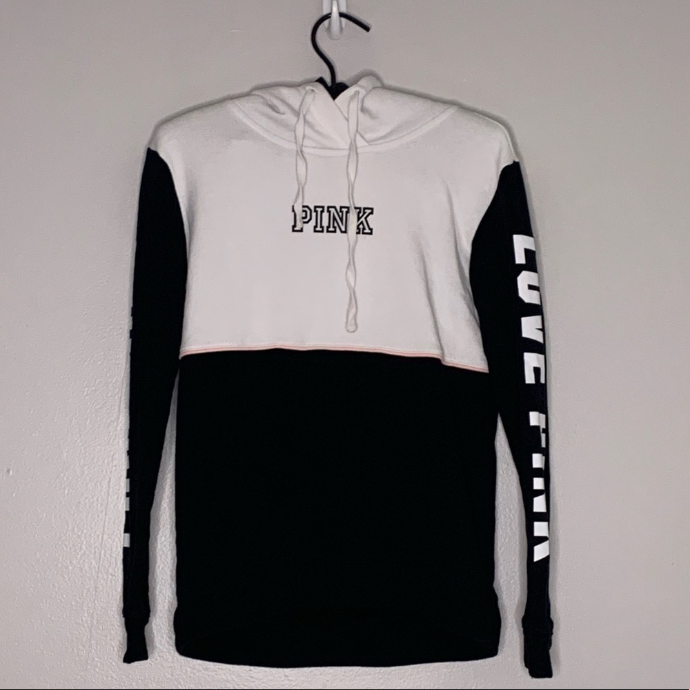 VS Love Pink Drawstring Hooded Sweatshirt color blocked black & white XS